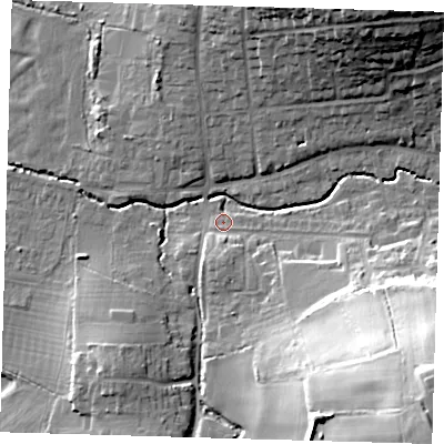 Shaded relief map of the ground around EN92HW, computed from Environment Agency LiDAR. The ground here sits at about 28 m above sea level and falls 39 m across the surrounding 800 m. Surface water reaching this point runs off ground lying to the south-east, 36.3 m higher.