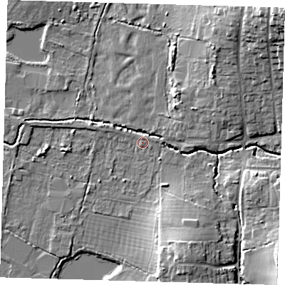 Shaded relief map of the ground around EN92HX, computed from Environment Agency LiDAR. The ground here sits at about 26 m above sea level and falls 22 m across the surrounding 800 m. Surface water reaching this point runs off ground lying to the east-north-east, 6.4 m higher.