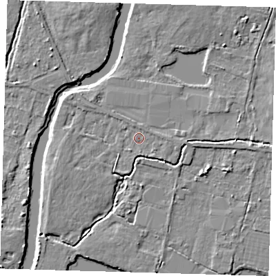 Shaded relief map of the ground around EN92HY, computed from Environment Agency LiDAR. The ground here sits at about 25 m above sea level and falls 5 m across the surrounding 800 m. Surface water reaching this point runs off ground lying to the south-east, 1.3 m higher.