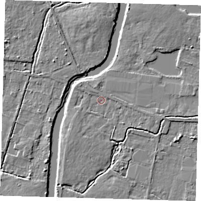 Shaded relief map of the ground around EN92JA, computed from Environment Agency LiDAR. The ground here sits at about 25 m above sea level and falls 5 m across the surrounding 800 m. Surface water reaching this point runs off ground lying to the east-south-east, 1.7 m higher.