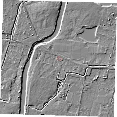 Shaded relief map of the ground around EN92JB, computed from Environment Agency LiDAR. The ground here sits at about 25 m above sea level and falls 5 m across the surrounding 800 m. Surface water reaching this point runs off ground lying to the south-east, 1.7 m higher.