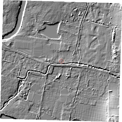 Shaded relief map of the ground around EN92JD, computed from Environment Agency LiDAR. The ground here sits at about 26 m above sea level and falls 12 m across the surrounding 800 m. Surface water reaching this point runs off ground lying to the east, 5.2 m higher.