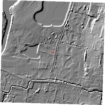 Shaded relief map of the ground around EN92JE, computed from Environment Agency LiDAR. The ground here sits at about 25 m above sea level and falls 12 m across the surrounding 800 m. Surface water reaching this point runs off ground lying to the north-north-east, 0.7 m higher.