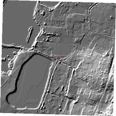 Shaded relief map of the ground around EN92JF, computed from Environment Agency LiDAR. The ground here sits at about 26 m above sea level and falls 23 m across the surrounding 800 m. Surface water reaching this point runs off ground lying to the east-south-east, 20.8 m higher.
