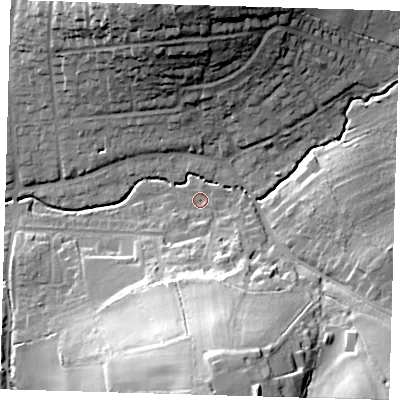 Shaded relief map of the ground around EN92LE, computed from Environment Agency LiDAR. The ground here sits at about 29 m above sea level and falls 39 m across the surrounding 800 m. Surface water reaching this point runs off ground lying to the south, 32.8 m higher.