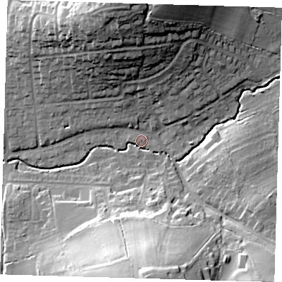 Shaded relief map of the ground around EN92LG, computed from Environment Agency LiDAR. The ground here sits at about 29 m above sea level and falls 36 m across the surrounding 800 m. Surface water reaching this point runs off ground lying to the south, 34.4 m higher.