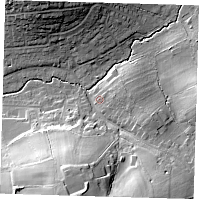 Shaded relief map of the ground around EN92LQ, computed from Environment Agency LiDAR. The ground here sits at about 33 m above sea level and falls 39 m across the surrounding 800 m. Surface water reaching this point runs off ground lying to the east, 5.3 m higher.