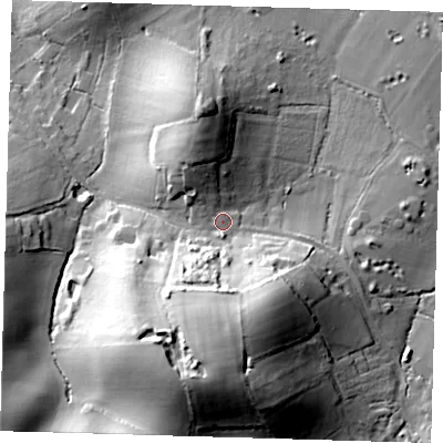 Shaded relief map of the ground around EN92LW, computed from Environment Agency LiDAR. The ground here sits at about 49 m above sea level and falls 39 m across the surrounding 800 m. Surface water reaching this point runs off ground lying to the south, 25.3 m higher.