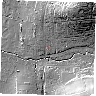 Shaded relief map of the ground around EN92NL, computed from Environment Agency LiDAR. The ground here sits at about 30 m above sea level and falls 36 m across the surrounding 800 m. Surface water reaching this point runs off ground lying to the north-east, 31.2 m higher.