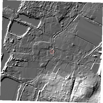 Shaded relief map of the ground around EN92PA, computed from Environment Agency LiDAR. The ground here sits at about 26 m above sea level and falls 24 m across the surrounding 800 m. Surface water reaching this point runs off ground lying to the south-east, 20.8 m higher.