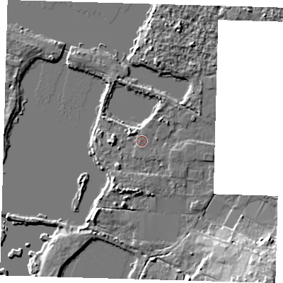 Shaded relief map of the ground around EN92PB, computed from Environment Agency LiDAR. The ground here sits at about 27 m above sea level and falls 18 m across the surrounding 800 m. The ground contributing surface water to this point lies to the west.