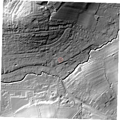 Shaded relief map of the ground around EN92RB, computed from Environment Agency LiDAR. The ground here sits at about 32 m above sea level and falls 37 m across the surrounding 800 m. Surface water reaching this point runs off ground lying to the north, 10.0 m higher.