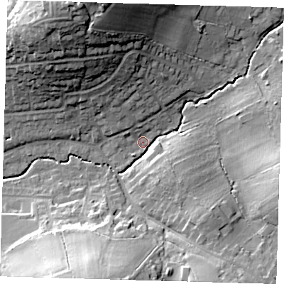 Shaded relief map of the ground around EN92RE, computed from Environment Agency LiDAR. The ground here sits at about 29 m above sea level and falls 35 m across the surrounding 800 m. Surface water reaching this point runs off ground lying to the north-north-west, 12.7 m higher.