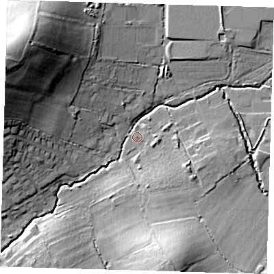Shaded relief map of the ground around EN92RG, computed from Environment Agency LiDAR. The ground here sits at about 31 m above sea level and falls 32 m across the surrounding 800 m. Surface water reaching this point runs off ground lying to the north-west, 30.1 m higher.