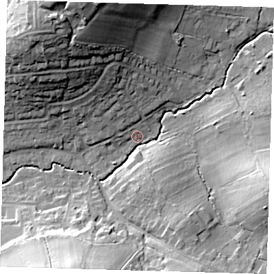 Shaded relief map of the ground around EN92RH, computed from Environment Agency LiDAR. The ground here sits at about 30 m above sea level and falls 36 m across the surrounding 800 m. Surface water reaching this point runs off ground lying to the north-north-west, 33.9 m higher.