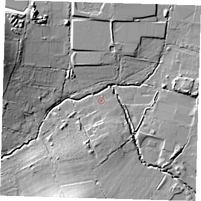 Shaded relief map of the ground around EN92RJ, computed from Environment Agency LiDAR. The ground here sits at about 33 m above sea level and falls 17 m across the surrounding 800 m. Surface water reaching this point runs off ground lying to the south-south-east, 4.0 m higher.