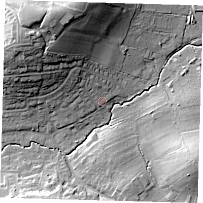 Shaded relief map of the ground around EN92RQ, computed from Environment Agency LiDAR. The ground here sits at about 33 m above sea level and falls 36 m across the surrounding 800 m. Surface water reaching this point runs off ground lying to the north-west, 10.5 m higher.