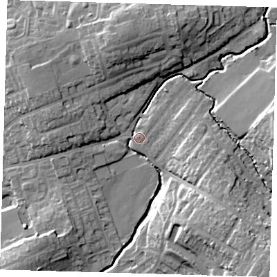 Shaded relief map of the ground around EN93AH, computed from Environment Agency LiDAR. The ground here sits at about 22 m above sea level and falls 21 m across the surrounding 800 m. Surface water reaching this point runs off ground lying to the south-east, 14.0 m higher.