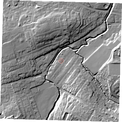 Shaded relief map of the ground around EN93AJ, computed from Environment Agency LiDAR. The ground here sits at about 22 m above sea level and falls 19 m across the surrounding 800 m. Surface water reaching this point runs off ground lying to the east-south-east, 2.2 m higher.