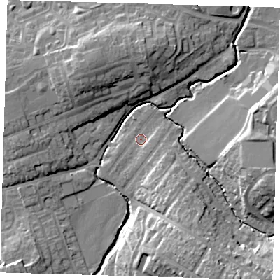 Shaded relief map of the ground around EN93AL, computed from Environment Agency LiDAR. The ground here sits at about 22 m above sea level and falls 19 m across the surrounding 800 m. Surface water reaching this point runs off ground lying to the east-south-east, 2.2 m higher.