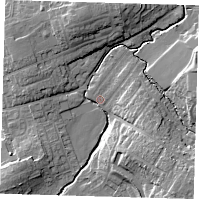 Shaded relief map of the ground around EN93AN, computed from Environment Agency LiDAR. The ground here sits at about 22 m above sea level and falls 21 m across the surrounding 800 m. Surface water reaching this point runs off ground lying to the north-east, 5.6 m higher.