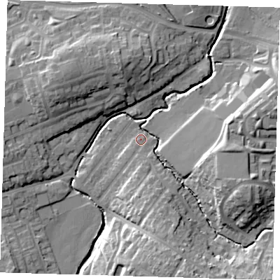 Shaded relief map of the ground around EN93AP, computed from Environment Agency LiDAR. The ground here sits at about 23 m above sea level and falls 18 m across the surrounding 800 m. Surface water reaching this point runs off ground lying to the south, 3.7 m higher.