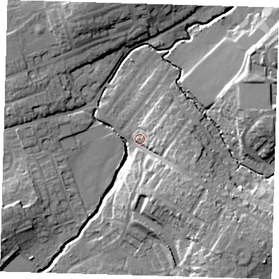 Shaded relief map of the ground around EN93AS, computed from Environment Agency LiDAR. The ground here sits at about 24 m above sea level and falls 21 m across the surrounding 800 m. Surface water reaching this point runs off ground lying to the south-east, 14.6 m higher.