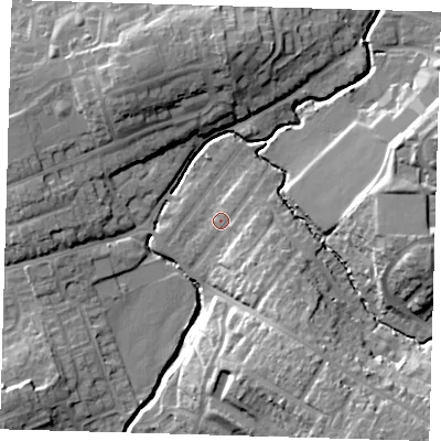 Shaded relief map of the ground around EN93AW, computed from Environment Agency LiDAR. The ground here sits at about 23 m above sea level and falls 21 m across the surrounding 800 m. Surface water reaching this point runs off ground lying to the south-east, 3.8 m higher.