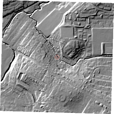 Shaded relief map of the ground around EN93DH, computed from Environment Agency LiDAR. The ground here sits at about 25 m above sea level and falls 21 m across the surrounding 800 m. Surface water reaching this point runs off ground lying to the south, 16.0 m higher.