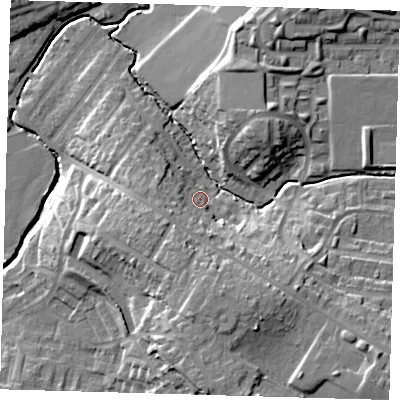 Shaded relief map of the ground around EN93DJ, computed from Environment Agency LiDAR. The ground here sits at about 27 m above sea level and falls 21 m across the surrounding 800 m. Surface water reaching this point runs off ground lying to the south-south-west, 8.9 m higher.
