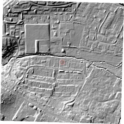 Shaded relief map of the ground around EN93DS, computed from Environment Agency LiDAR. The ground here sits at about 27 m above sea level and falls 15 m across the surrounding 800 m. Surface water reaching this point runs off ground lying to the south, 11.6 m higher.