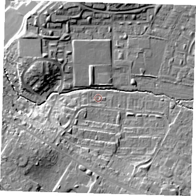 Shaded relief map of the ground around EN93DU, computed from Environment Agency LiDAR. The ground here sits at about 27 m above sea level and falls 17 m across the surrounding 800 m. Surface water reaching this point runs off ground lying to the south-west, 1.6 m higher.