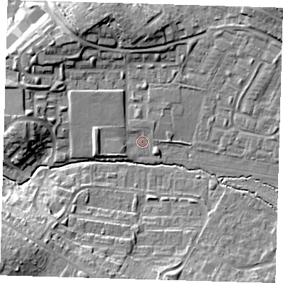 Shaded relief map of the ground around EN93EL, computed from Environment Agency LiDAR. The ground here sits at about 27 m above sea level and falls 16 m across the surrounding 800 m. Surface water reaching this point runs off ground lying to the north-east, 11.1 m higher.