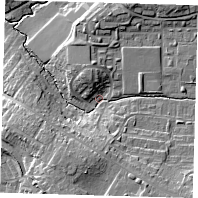Shaded relief map of the ground around EN93ER, computed from Environment Agency LiDAR. The ground here sits at about 25 m above sea level and falls 19 m across the surrounding 800 m. Surface water reaching this point runs off ground lying to the south-south-east, 14.5 m higher.