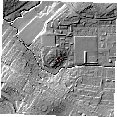 Shaded relief map of the ground around EN93EW, computed from Environment Agency LiDAR. The ground here sits at about 30 m above sea level and falls 20 m across the surrounding 800 m. Surface water reaching this point runs off ground lying to the north-north-west, 5.8 m higher.
