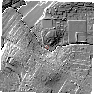 Shaded relief map of the ground around EN93EX, computed from Environment Agency LiDAR. The ground here sits at about 25 m above sea level and falls 20 m across the surrounding 800 m. Surface water reaching this point runs off ground lying to the south-east, 13.8 m higher.