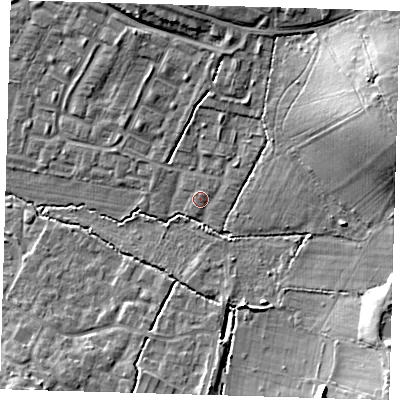 Shaded relief map of the ground around EN93HH, computed from Environment Agency LiDAR. The ground here sits at about 31 m above sea level and falls 22 m across the surrounding 800 m. Surface water reaching this point runs off ground lying to the east-north-east, 1.4 m higher.