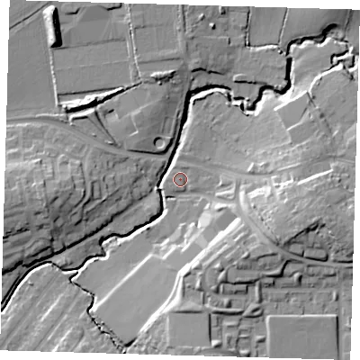 Shaded relief map of the ground around EN93JR, computed from Environment Agency LiDAR. The ground here sits at about 24 m above sea level and falls 18 m across the surrounding 800 m. Surface water reaching this point runs off ground lying to the north-north-west, 2.2 m higher.
