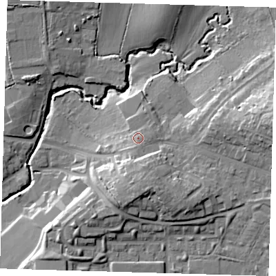 Shaded relief map of the ground around EN93JY, computed from Environment Agency LiDAR. The ground here sits at about 31 m above sea level and falls 21 m across the surrounding 800 m. Surface water reaching this point runs off ground lying to the south, 2.3 m higher.
