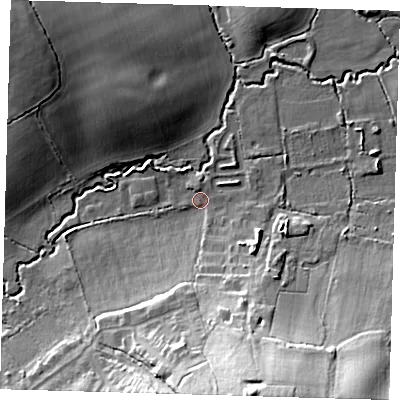 Shaded relief map of the ground around EN93LE, computed from Environment Agency LiDAR. The ground here sits at about 29 m above sea level and falls 32 m across the surrounding 800 m. Surface water reaching this point runs off ground lying to the south-south-east, 28.9 m higher.