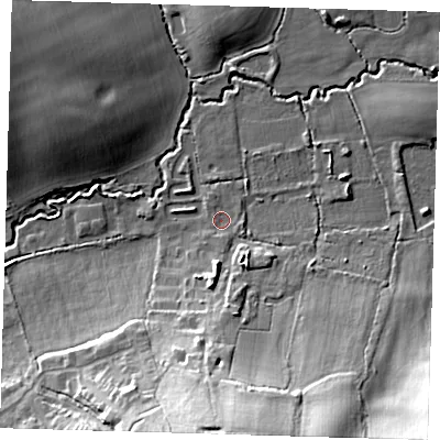 Shaded relief map of the ground around EN93LF, computed from Environment Agency LiDAR. The ground here sits at about 29 m above sea level and falls 29 m across the surrounding 800 m. Surface water reaching this point runs off ground lying to the south, 25.9 m higher.