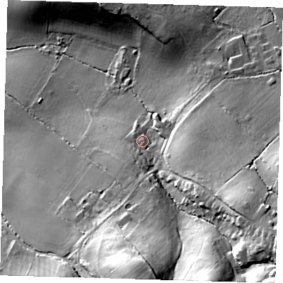 Shaded relief map of the ground around EN93QL, computed from Environment Agency LiDAR. The ground here sits at about 54 m above sea level and falls 51 m across the surrounding 800 m. Surface water reaching this point runs off ground lying to the south-east, 35.4 m higher.