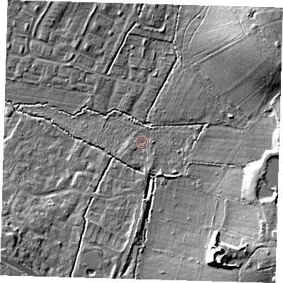 Shaded relief map of the ground around EN93SF, computed from Environment Agency LiDAR. The ground here sits at about 31 m above sea level and falls 22 m across the surrounding 800 m. Surface water reaching this point runs off ground lying to the south-south-east, 2.1 m higher.