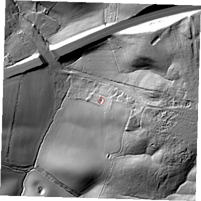 Shaded relief map of the ground around EN93TF, computed from Environment Agency LiDAR. The ground here sits at about 88 m above sea level and falls 42 m across the surrounding 800 m. Surface water reaching this point runs off ground lying to the east-south-east, 13.4 m higher.