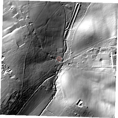 Shaded relief map of the ground around EN93TH, computed from Environment Agency LiDAR. The ground here sits at about 63 m above sea level and falls 36 m across the surrounding 800 m. Surface water reaching this point runs off ground lying to the west-south-west, 16.2 m higher.