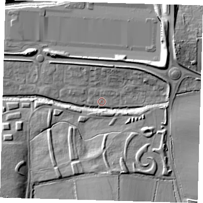 Shaded relief map of the ground around EN93XN, computed from Environment Agency LiDAR. The ground here sits at about 19 m above sea level and falls 14 m across the surrounding 800 m. Surface water reaching this point runs off ground lying to the north-north-east, 1.1 m higher.