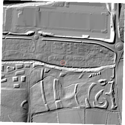 Shaded relief map of the ground around EN93YF, computed from Environment Agency LiDAR. The ground here sits at about 19 m above sea level and falls 14 m across the surrounding 800 m. Surface water reaching this point runs off ground lying to the north-east, 5.8 m higher.