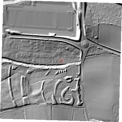 Shaded relief map of the ground around EN93YP, computed from Environment Agency LiDAR. The ground here sits at about 20 m above sea level and falls 14 m across the surrounding 800 m. Surface water reaching this point runs off ground lying to the north-east, 6.2 m higher.