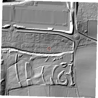 Shaded relief map of the ground around EN93YQ, computed from Environment Agency LiDAR. The ground here sits at about 19 m above sea level and falls 14 m across the surrounding 800 m. Surface water reaching this point runs off ground lying to the east-north-east, 6.6 m higher.
