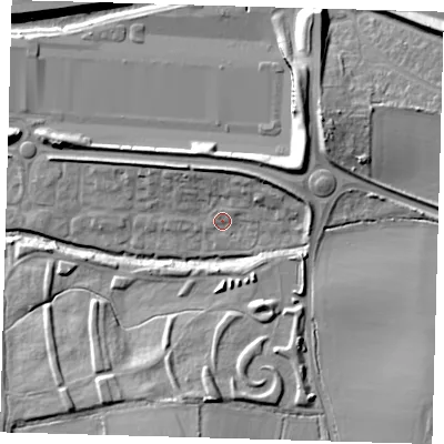 Shaded relief map of the ground around EN93YS, computed from Environment Agency LiDAR. The ground here sits at about 20 m above sea level and falls 14 m across the surrounding 800 m. Surface water reaching this point runs off ground lying to the north-north-east, 4.6 m higher.